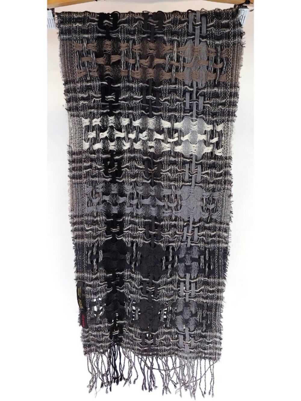 ASIAN EYE Gray Black 100% WOOL FRINGE X-LONG BRAIDED WRAP SCARF